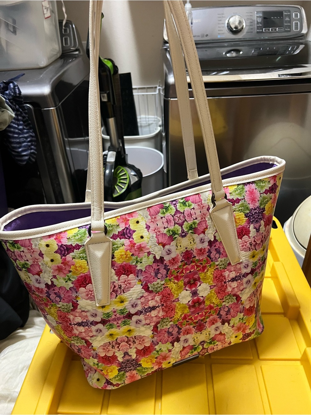 Floral Print Tote Bag with Cream Handles